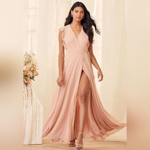 Lulus Crescendo Wrap Dress Blush Pink Maxi Flutter Sleeveless Women's Small - Picture 1 of 15